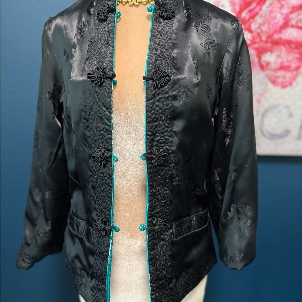 Peony Teal/Black Reversible Floral Women's Jacket M - Picture 3 of 9